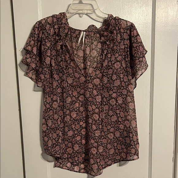 Anthropologie Tops - Anthropologie Floral Brown Blouse with Flutter Sleeves Size XL